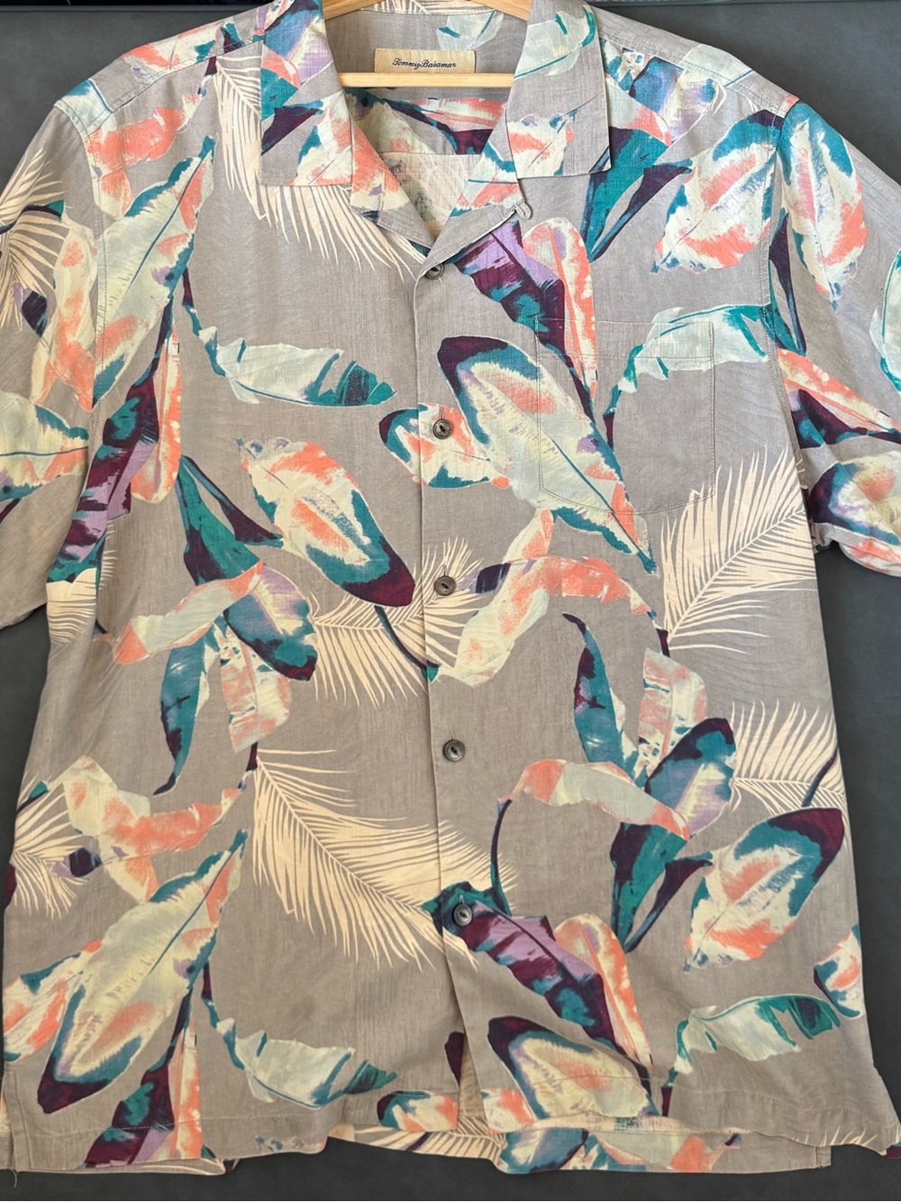 Tommy Bahama Gray Tropical Print Camp Shirt 100% Silk - Size XL